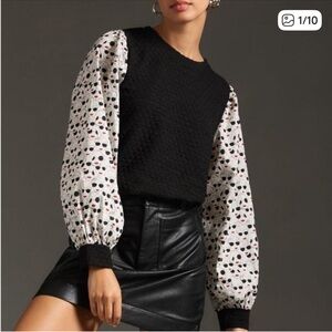 Porridge by Anthropologie textured black sweater sunglasses red lip print large